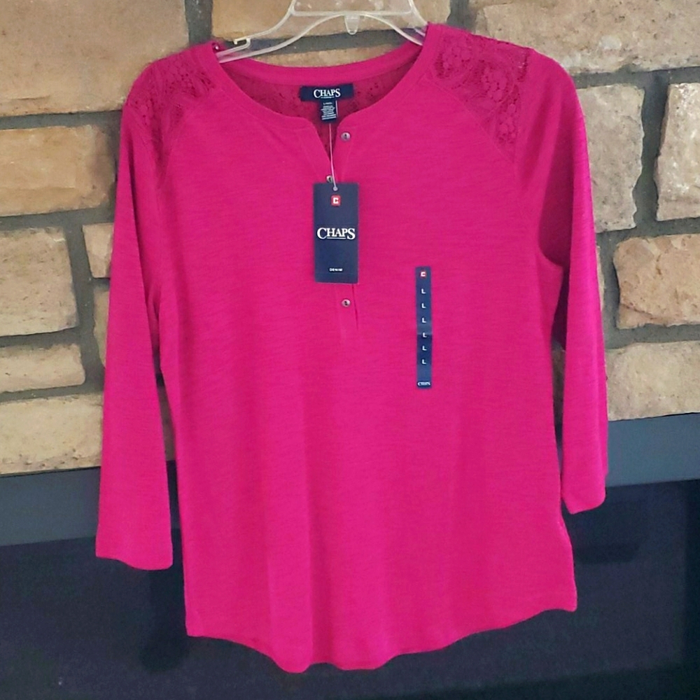 New Chaps pink blouse w/lace shoulders